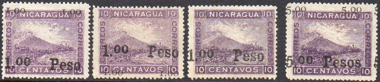 timbres-poste sellos postales stamps Nicaragua Momotombo Volcano & Train 1903 Dealer's Order stamps 1 Peso and 5 Pesos on 10c